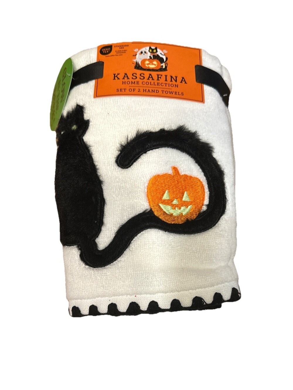 Kassafina Glow-inthe-Dark Halloween Hand Towels 2 PK Black Fuzzy Cat Pumpkin New